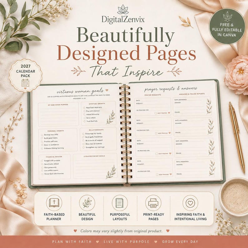 May include: A spiral-bound planner open to pages titled Virtuous Woman Goals and Prayer Requests & Answers. The layout includes sections for spiritual growth, personal growth, relationships, and financial wisdom, with text in English and floral accents.