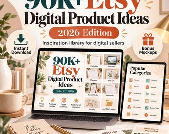 May include: A digital product guide titled 90K+ Etsy Digital Product Ideas 2026 Edition displayed on a laptop and tablet screen. The set includes a spiral notebook with the text Big Ideas Bigger Income and various printed sheets.