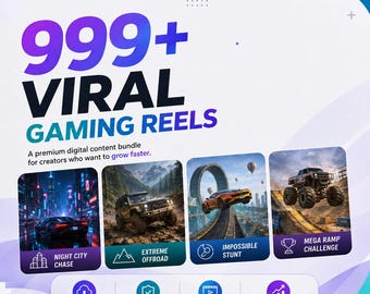 May include: A digital marketing graphic for 999+ Viral Gaming Reels by DigitalZenvix. It features four video thumbnails showing a night city car chase, an offroad vehicle, a car stunt, and a monster truck, with icons for download and access.