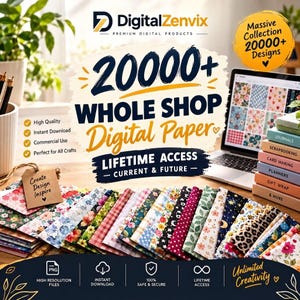 Puede incluir: Un anuncio de productos digitales de DigitalZenvix con una colección de más de 20000 diseños de papel digital. La imagen muestra una computadora portátil, una pila de hojas de papel con patrones coloridos y texto que incluye Whole Shop Digital Paper.