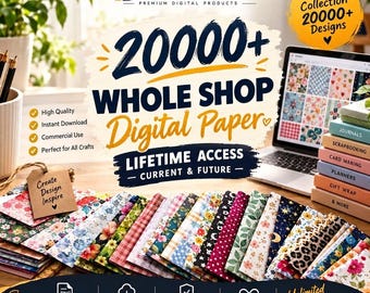 May include: A digital product advertisement for DigitalZenvix featuring a collection of 20000+ digital paper designs. The image displays a laptop, a stack of colorful patterned paper sheets, and text including Whole Shop Digital Paper and Lifetime Access.