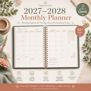 May include: A spiral-bound 2027-2028 monthly planner open to a May 2027 calendar spread. The pages feature a grid layout with sections for monthly goals, notes, priorities, reminders, and monthly reflections, decorated with small botanical illustrations.
