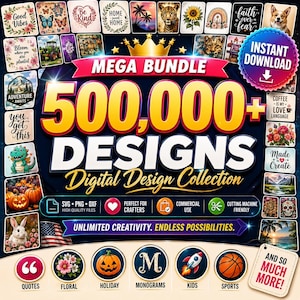 Op de afbeelding: Een advertentie voor een digitale designcollectie met de tekst MEGA BUNDLE 500,000+ DESIGNS. De afbeelding bevat een gouden kroon, diverse kleine voorbeelden van illustraties en iconen voor SVG-, PNG- en DXF-bestandsformaten op een donkere achtergrond.