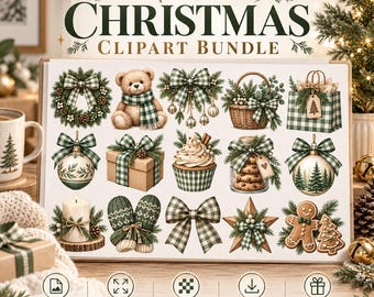 May include: A digital clipart bundle titled Neutral Christmas Clipart Bundle featuring sixteen festive illustrations including a teddy bear, wreath, gift box, cupcake, gingerbread man, ornaments, and bows in green and white plaid patterns.