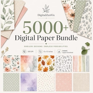 Peut inclure: Une publicité pour un lot de papier numérique avec le texte 5000+ Digital Paper Bundle, 300 DPI, 30,48 x 30,48 cm et Instant Digital Download. L'image présente divers motifs incluant des fleurs, des aquarelles, des feuilles d'automne et des pois.