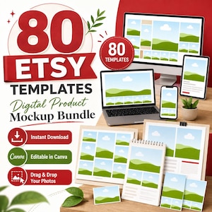 Peut inclure: Un ensemble de 80 modèles de maquettes de produits numériques pour Etsy. Le graphique présente un écran d'ordinateur, un ordinateur portable, une tablette, un smartphone et des feuilles imprimées avec des paysages. Texte : 80 ETSY TEMPLATES.