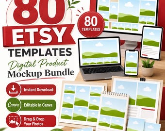 May include: A digital product mockup bundle featuring 80 templates for Etsy. The graphic displays a computer monitor, laptop, tablet, smartphone, and printed sheets showing landscape imagery. Text includes 80 ETSY TEMPLATES and Digital Product Mockup Bundle.