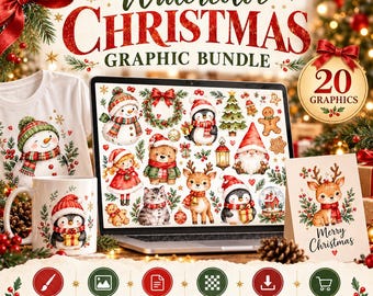 May include: A digital graphic bundle featuring watercolor Christmas illustrations displayed on a laptop screen, including a snowman, penguin, bear, reindeer, and cat. The set includes 20 graphics, 300 DPI, PNG and PSD files, and transparent backgrounds.