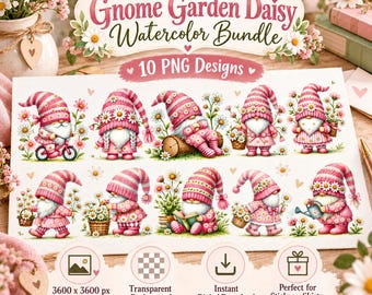 May include: A digital watercolor bundle featuring ten PNG designs of garden gnomes wearing pink striped hats and outfits, decorated with white daisies. The collection includes gnomes with bicycles, baskets, books, and watering cans.