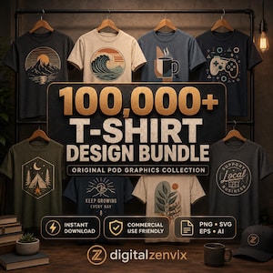 Könnte beinhalten: Eine digitale Sammlung von über 100.000 T-Shirt-Designs, die auf verschiedenen an einer Stange hängenden T-Shirts präsentiert werden. Das Grafikpaket enthält diverse Illustrationen wie Berge, Wellen, Kaffeetassen, Gamecontroller und Schriftzüge.