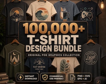 May include: A digital collection of 100,000+ t-shirt designs displayed on various shirts hanging on a rack. The graphic bundle includes diverse illustrations like mountains, waves, coffee mugs, game controllers, camping scenes, and text-based logos.