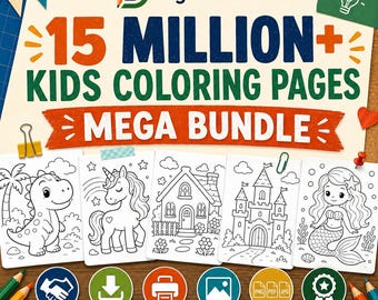 May include: A digital product advertisement for a 15 Million+ Kids Coloring Pages Mega Bundle by DigitalZenvix. The graphic features black and white line art illustrations of a dinosaur, unicorn, house, castle, and mermaid, with icons for download, print, and commercial use.