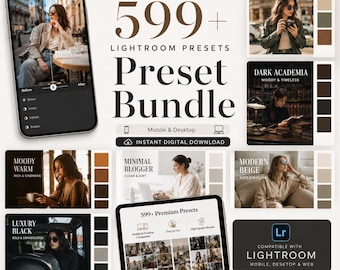 May include: A digital product bundle featuring 599+ Lightroom presets for mobile and desktop. The display includes a smartphone showing photo editing software, a tablet with preset previews, and various sample images labeled Vintage Film, Dark Academia, Moody Warm, Minimal Blogger, Modern Beige, and Luxury Black.