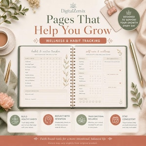 May include: A spiral-bound wellness and habit tracker planner with pages titled Habit & Virtue Tracker and Self-Care & Wellness. The planner features sections for daily habits, monthly reflections, and mood tracking, decorated with botanical illustrations.