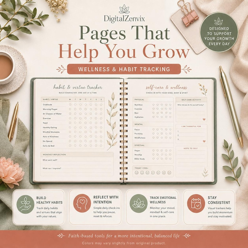 May include: A spiral-bound wellness and habit tracker planner with pages titled Habit & Virtue Tracker and Self-Care & Wellness. The planner features sections for daily habits, monthly reflections, and mood tracking, decorated with botanical illustrations.