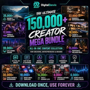 Puede incluir: Un gráfico de marketing digital para el DigitalZenvix 150,000+ Creator Mega Bundle. La imagen presenta superposiciones de texto que detallan varias categorías de contenido como naturaleza, fitness, negocios y clips de lujo, junto con iconos de calidad 4K.