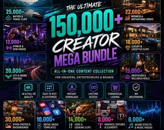 May include: A digital marketing graphic for the DigitalZenvix 150,000+ Creator Mega Bundle. The image features text overlays detailing various content categories like nature, fitness, business, and luxury clips, alongside icons for 4K quality and lifetime access.