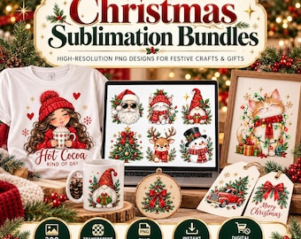 May include: A white t-shirt with a girl in a red hat holding a mug, a laptop displaying six Christmas graphics, a mug with a gnome, a wooden ornament with a tree, a framed cat print, and two gift tags with a red truck and wreath.