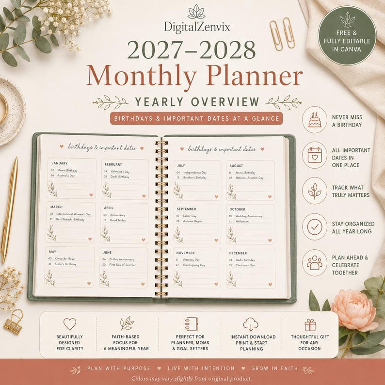 May include: A 2027-2028 monthly planner with a spiral binding, open to a yearly overview page featuring sections for birthdays and important dates. The planner includes text, floral accents, and icons, presented in a neutral color palette with brown and green tones.