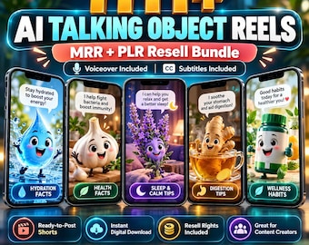 May include: A digital bundle of 1111+ AI Talking Object Reels featuring five smartphones displaying animated characters including a water drop, garlic, lavender, ginger, and a supplement bottle with text overlays and voiceover and subtitle icons.