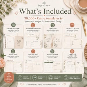 May include: A digital collection of 30,000+ Canva templates for planning, prayer, and intentional living. The display features categories including planners, journals, trackers, workbooks, cover pages, log books, prayer pages, and a 2027 calendar pack.