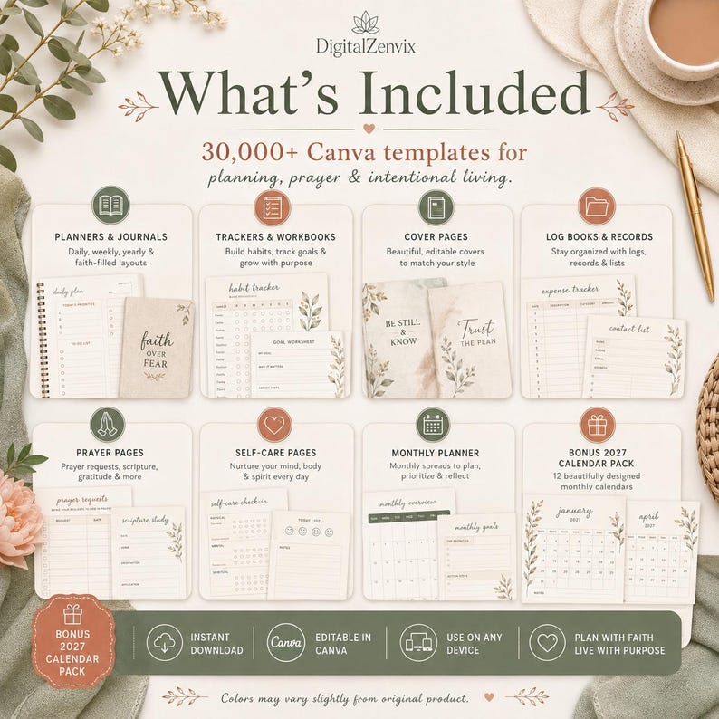 May include: A digital collection of 30,000+ Canva templates for planning, prayer, and intentional living. The display features categories including planners, journals, trackers, workbooks, cover pages, log books, prayer pages, and a 2027 calendar pack.