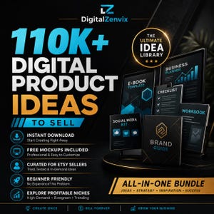 May include: A digital product bundle advertisement featuring the text 110K+ DIGITAL PRODUCT IDEAS TO SELL and THE ULTIMATE IDEA LIBRARY. The graphic displays various digital document templates including a business planner, checklist, workbook, and brand guide.
