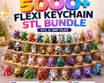 May include: A digital product advertisement for a 5000+ Flexi Keychain STL Bundle featuring numerous colorful, articulated animal figurines on a tiered display. Text includes DigitalZenvix, 5000+ Flexi Keychain STL Bundle, STL & 3MF Files, Commercial Use Allowed, Instant Download, and Ready to Print.