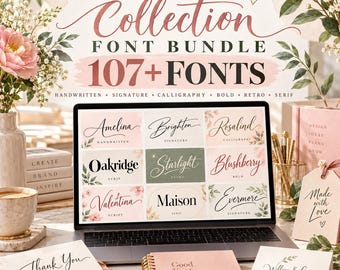May include: A digital display on a laptop screen showcases The Special Collection Font Bundle with 107+ fonts. The screen features nine distinct font names including Amelina, Brighton, Rosalind, Oakridge, Starlight, Blushberry, Valentina, Maison, and Evermore.