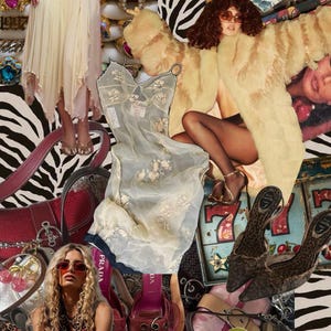 May include: A collage featuring a cream-colored corset top and skirt, a sheer floral embroidered slip dress, a beige faux fur coat, leopard print trousers, a red star-patterned top, and various accessories including rings, handbags, and shoes.
