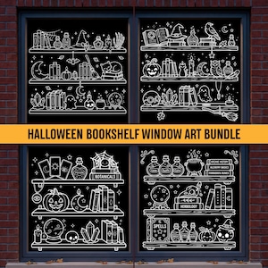 May include: A Halloween bookshelf window art bundle featuring white line drawings on black backgrounds. The designs include shelves filled with books, potion bottles, pumpkins, skulls, crystals, candles, cats, owls, and brooms. Text reads HALLOWEEN BOOKSHELF WINDOW ART BUNDLE.