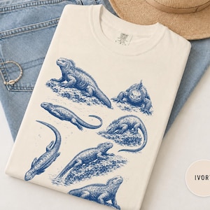 T-shirt i vintagestil med marin leguan och komfortfärger, graverad Galapagos Wildlife-tröja