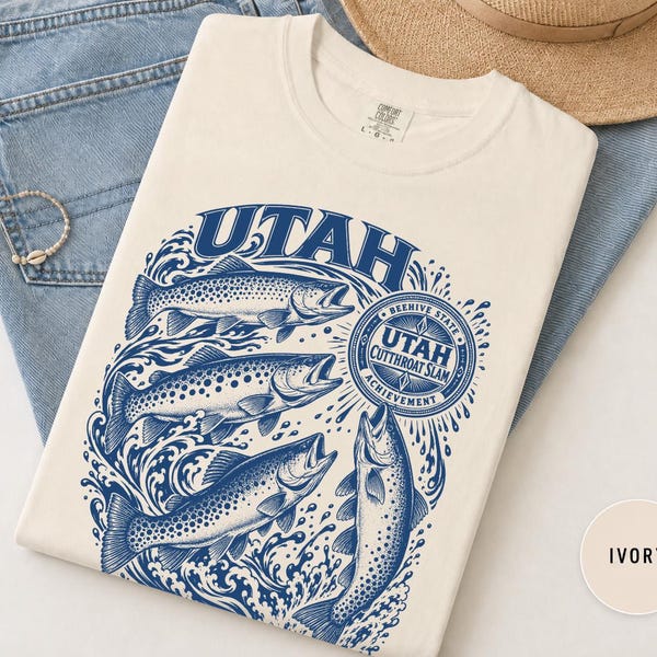 ユタカットスロートスラムフィッシングシャツ、カットスロートトラウトTシャツ、西部の釣り人へのギフト