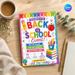May include: A rectangular Back to School event invitation card featuring colorful bunting, a smiling pencil, a red apple, and a stack of books. The text reads: You're invited to our Back to School Event, Meet the Teacher, Tour the Classroom, Fun Activities & More, 17 August 2024, 10:00 AM to 12:00 PM, Sunshine Elementary School, 123 Happy Lane, Brightville, CA 90210, We can't wait to see you there!