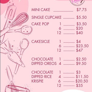 Peut inclure: Un menu rose intitulé PRICES avec le logo Crumbs and Chaos, listant des pâtisseries comme mini cake, cupcake, cake pop, cakesicle, oreos au chocolat, rice krispie au chocolat et mystery dumpling cake pop avec des illustrations au trait.