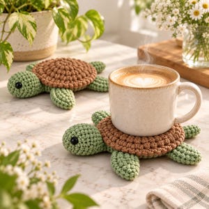 Può includere: Due sottobicchieri all'uncinetto fatti a mano a forma di tartaruga, con corpo verde chiaro, occhi scuri e guscio marrone testurizzato. Uno dei sottobicchieri sostiene una tazza in ceramica color crema maculata con una bevanda calda.