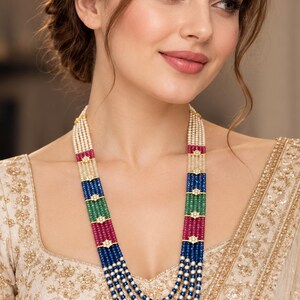 Multicolor Layered Beaded Necklace, Long Indian Statement Jewelry, Blue Green Ruby Pink Imitation Stone Necklace