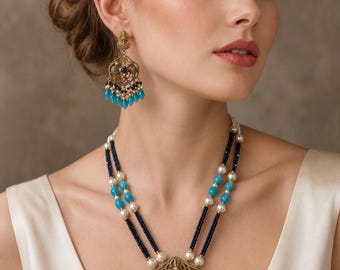 Conjunto de collar de cuentas de turquesa azul, collar llamativo de perlas, colgante de filigrana de oro, pendientes de araña, joyería india