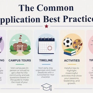 May include: An infographic titled The Common Application Best Practices featuring five sections: Essay Writing with a notebook and pen, Campus Tours with a school building, Timeline with a calendar, Activities with a ball and palette, and Tips/Tricks with a lightbulb.