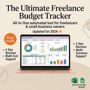 Può includere: Un computer portatile che mostra la dashboard The Ultimate Freelance Budget Tracker con grafici, tabelle e dati finanziari. Il testo include All-In-One automated tool for freelancers & small business owners, Updated for 2024, Etsy bestseller ed Excel & Google Sheets.