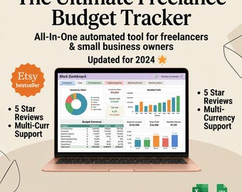 Planificador de presupuesto para autónomos en Excel y Google Sheets | Panel de control de gastos e ingresos empresariales, estimador de impuestos, planificador de flujo de caja, seguimiento de clientes 2026