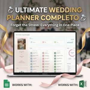 Può includere: Un computer portatile che mostra una dashboard digitale per l'organizzazione di matrimoni con la foto di una coppia, liste di attività e tracker di budget. Lo schermo riporta il testo ULTIMATE WEDDING PLANNER COMPLETO e WORKS WITH.