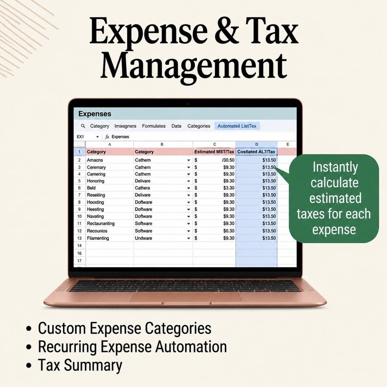 Puede incluir: Un port&aacute;til muestra una hoja de c&aacute;lculo titulada Expenses con columnas para Category, Estimated MST/Tax y Costlated AL7/Tax. Un globo de texto verde dice Instantly calculate estimated taxes for each expense. El t&iacute;tulo superior es Expense & Tax Management.