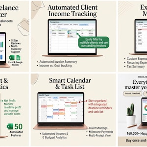Puede incluir: Una herramienta digital de seguimiento presupuestario para aut&oacute;nomos compatible con Excel y Google Sheets, mostrada en una pantalla de port&aacute;til. La interfaz incluye seguimiento automatizado de ingresos, gastos, an&aacute;lisis y calendario.