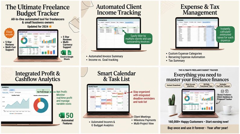 Puede incluir: Una herramienta digital de seguimiento presupuestario para aut&oacute;nomos compatible con Excel y Google Sheets, mostrada en una pantalla de port&aacute;til. La interfaz incluye seguimiento automatizado de ingresos, gastos, an&aacute;lisis y calendario.