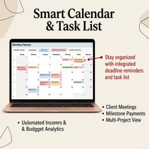 Puede incluir: Un ordenador port&aacute;til que muestra un planificador mensual digital con una cuadr&iacute;cula de calendario y una lista de tareas. La pantalla muestra texto que incluye Smart Calendar & Task List, Stay organized with integrated deadline reminders and task list, Client Meetings, Milestone Payments, Multi-Project View y Uulomated Incomrs & Budgget Analytics.
