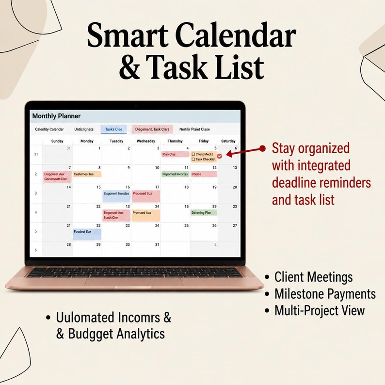 Puede incluir: Un ordenador port&aacute;til que muestra un planificador mensual digital con una cuadr&iacute;cula de calendario y una lista de tareas. La pantalla muestra texto que incluye Smart Calendar & Task List, Stay organized with integrated deadline reminders and task list, Client Meetings, Milestone Payments, Multi-Project View y Uulomated Incomrs & Budgget Analytics.
