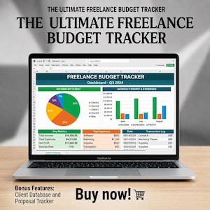 Puede incluir: Un ordenador port&aacute;til que muestra una hoja de c&aacute;lculo titulada THE ULTIMATE FREELANCE BUDGET TRACKER. La pantalla muestra un panel para el tercer trimestre de 2024 con un gr&aacute;fico circular de ingresos, un gr&aacute;fico de barras y tablas de datos.
