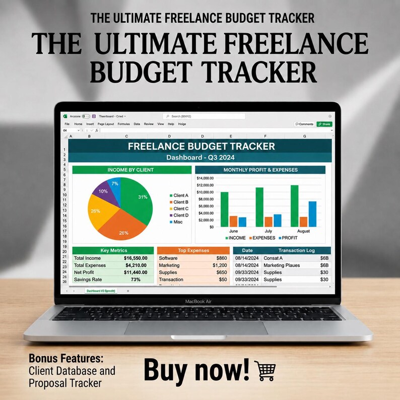 Puede incluir: Un ordenador port&aacute;til que muestra una hoja de c&aacute;lculo titulada THE ULTIMATE FREELANCE BUDGET TRACKER. La pantalla muestra un panel para el tercer trimestre de 2024 con un gr&aacute;fico circular de ingresos, un gr&aacute;fico de barras y tablas de datos.