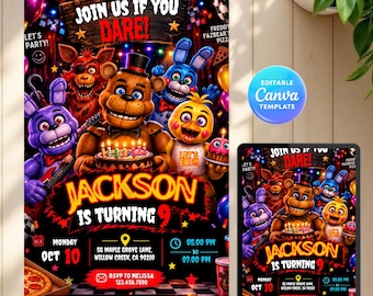 Animatronic horror birthday invitation, spooky arcade party invite, editable digital template